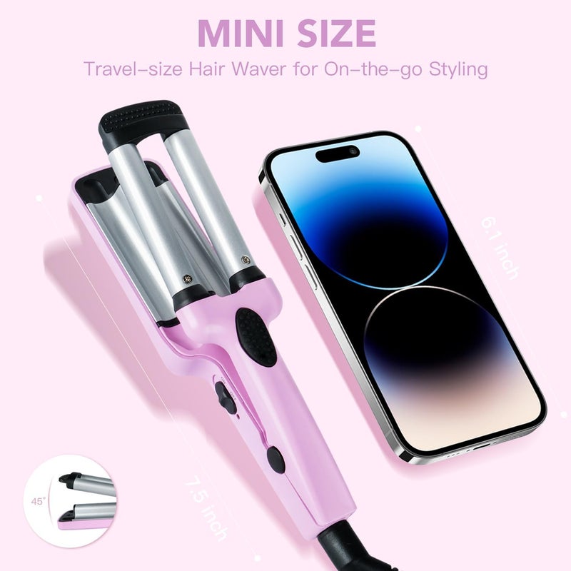 Ouphiny Mini Hair Crimper, 3 Barrel Curling Iron 1/2 Inch with Dual Voltage, Travel Beach Waver Curling Iron for Short to Medium Hair, Purple - Image 2
